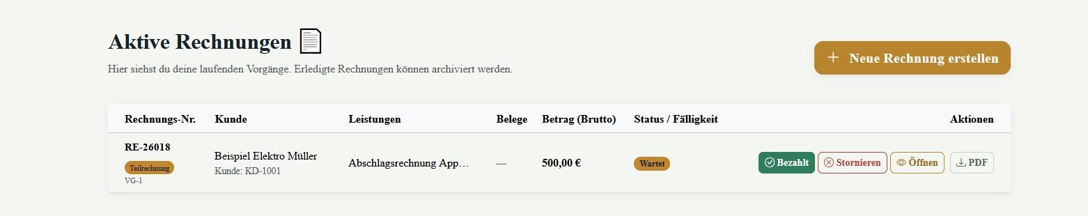 Liste der aktiven Rechnungen in Numerato mit Rechnungsnummer, Kunde, Betrag, Status und Aktionen wie Bezahlt, Stornieren und PDF