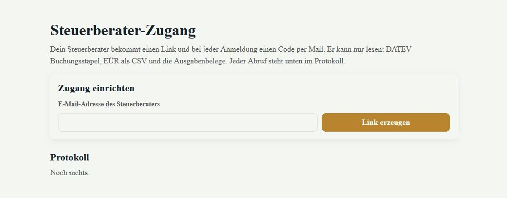 Steuerberater-Zugang in Numerato: Link für den Steuerberater per E-Mail-Adresse erzeugen, mit Protokoll der Abrufe